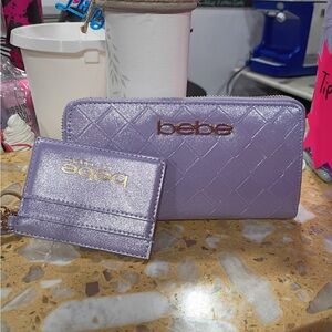 bebe Metallic Lavender Quilted Wallet and Card Case Set